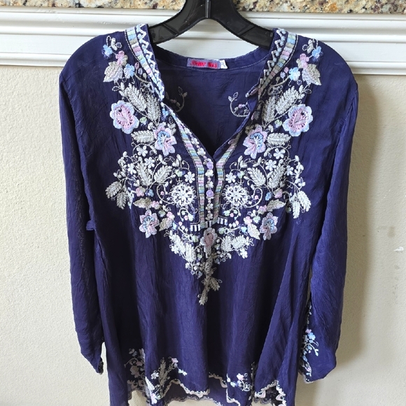 Johnny Was Tops - Johnny Was Navy Tunic with Pastel Floral Embroidery